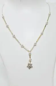 Elegant Pearl Y-Necklace with Crystal Flower Pendant, Gold-Toned Metal Chain