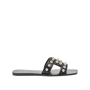 shoexpress Women's Embellished Slip-On Flat Sandals, Black, 6.5
