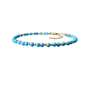 RRJEWELZ Sleeping Beauty Turquoise Round Beaded Bracelet – Faceted 3mm Blue Stones with Gold Lock – 7 Inch Adjustable link Bracelet for Men & Women|LCBR_RR_06151