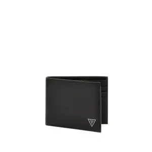 GUESS Men Black Leather Solid Firenze Flat Bi-Fold Wallet with Flap Closure