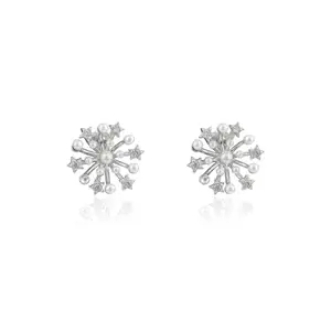 METALM Diamond Star Pearl Studs- 925 Sterling Silver Handmade Earrings- Floral Dainty Earrings For Girlfriend- Elegant Blossom Earrings For Birthday