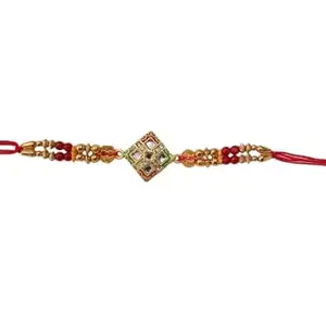 Decorative Rakhi Bracelet with Crystal Centre Piece, Red and Gold Beads, Traditional Thread Design (Pack of - 3 PC)