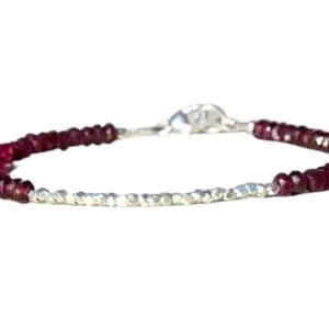 RRJEWELZ Natural Garnet 3mm Rondelle Shape Faceted Cut Gemstone Beads 7 Inch Silver Plated Clasp Bracelet With Karren Hill Tribe Beads For Men, Women. Natural Gemstone Link Bracelet. | Lcbr_03039