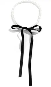 Elegant Bowtie Pearl Choker Necklace I Pearl Bowknot Ribbon Necklace (Black)