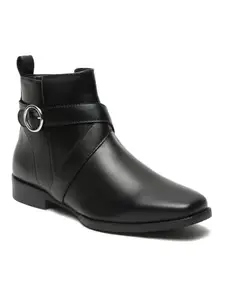 Bruno Manetti Women's Black Slipon Side Zipper With side PU Belt With Buckle Ankle Length Comfort Mid Top Flat Boots