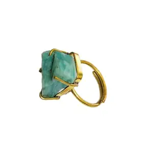 Enchanting Krystals Raw Amazonite Crystal Metal Ring, Golden Plated, Adjustable, Healing energy for Stress relief, self-expression and Luck, Unisex gift
