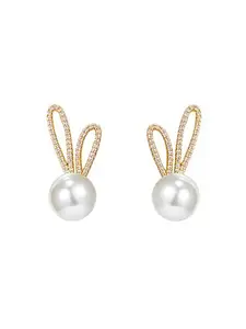 Kairangi Earrings For Women Gold Toned Round Shaped Pearl Stud Crystal Studded Earrings For Women and Girls