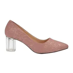 Elegant Shimmer Block Heels for Women with Transparent Heel | Pointed Toe, Cushioned Insole, Anti-Slip Sole | Stylish Office, Party & Wedding Footwear (Rose Gold Shimmer, Adult, Women, Medium, 8)