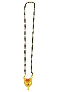 Traditional Mangalsutra Necklace with Gold-Plated Pendant, Black Beads Chain, Red and Green Enamel