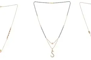 Gold Plated Traditional Black Bead Single Line American Diamond Pendant Jewellary set for Women(Combo) Pack of 3 MSCN-34-1-35-