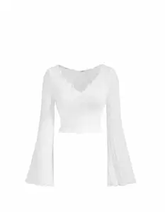 SILES FASHION Women Casual Bell Sleeve Self Design Blue Top Stylish Regular Fit Soft Fabric Trendy Office Party Top