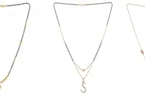 Gold Plated Traditional Black Bead Single Line American Diamond Pendant Mangalsutra for Women(Combo) Pack of 3 MS-15-1-33