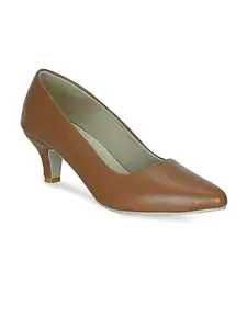 Get Glamr Women Faux Leather Classic Work Pumps|| Semi-Pointed Toe|| Block Low Heels|| Smart Causals|| Heel Pumps (Tan, 6)