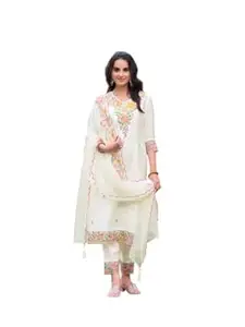 NIVANA Womens Embroidered Rayon Kurta with Pant & Organza Embroidered Dupatta | Straight Fit | V-Neck | 3/4 Sleeve | Ethnic Wear Set for Festive & Casual Occasions