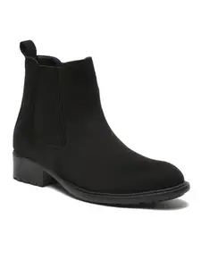 Bruno Manetti Women's Black Suede Slipon with Both side Ripped Elastic Ankle Length Comfort Mid Top Flat Chelsea Boots