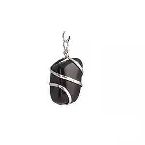 JMRM Black Tourmaline Crystal Stone Tumble Shape Wire Wrapped Pendant For Unisex