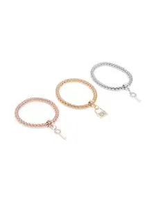 Carlton London Set of 3 Three Toned CZ Lock and Key Charm Bracelet