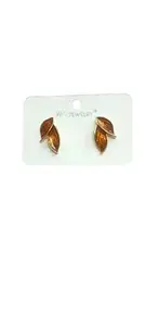 Elegant Leaf Design Stud Earrings, Gold-Tone Finish, Amber Brown Enamel