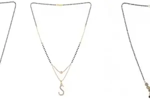 Gold Plated Traditional Black Bead Single Line American Diamond Pendant Jewellary set for Women(Combo) Pack of 3 MSCN-16-1-22- od