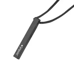 LADOBA Personalized Stainless Steel 3D Vertical Cuboid Black Bar Pendant Necklace with Your Name. Highly Polished 4 Side Engraving Customized Adjustable Chains for Unisex
