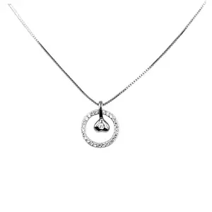 AMONROO 925 Sterling Silver Round CZ Charm with Solitaire Heart Pendant Unisex Necklace set Lovely Minimalist Handmade Gift