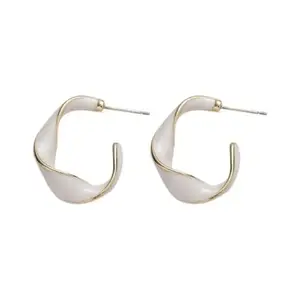 Korean Style Hoop Earrings, White Enamel, Gold Trim