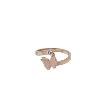 Butterfly Design Ring with Crystal Accent, Rose Gold Plated Stainless Steel, Adjustable
