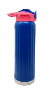 HOOM 750ml Stainless Steel Double Wall Vacuum Insulated Thermal Water Bottle with Flip-Up Thick Straw Spout and locking Cover, BPA Free and Leak Proof, Blue
