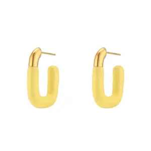 Myjewel Yellow Enameled Rectangle Stainless Steel Hollow stud Hoop Earring for Women