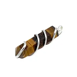 Natural Tiger Eye Spiral Wire Wrapped Pencil Shaped Pendant Healing Crystal Gemstone Pendant for Women & Men Stone Charms for Jewellery (Pack of 1)-Without Chain