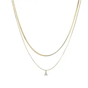 AQUASTREET Aaishwarya 18K Gold Plated Anti-Tarnish Initial Letter B Zircon Pendant Layered Necklace | Chains for Women and Girls | Stylish Minimal Jewelry | Personalised Gift Accessory