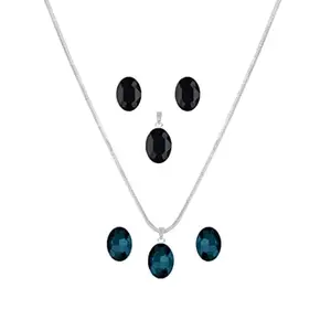 JFL - Jewellery for Less Stylish Silver Plated Oval Crystal Pendant with Silver Chain and Earrings (Rama Blue, Black)