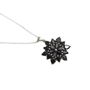 Hiflyer Jewels 925 Sterling Silver Natural Black Spinel Gemstone Floral Design Pendant With Chain 925 Stamp Jewelry | Gifts For Women And Girls