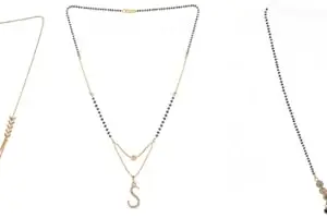 Gold Plated Traditional Black Bead Single Line American Diamond Pendant Jewellary set for Women(Combo) Pack of 3MCN-36-1-11-/