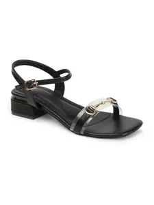 Carlton London Women Black Stylish Block Heel Sandal wih buckle for Office use, Casual and formal Use (36)