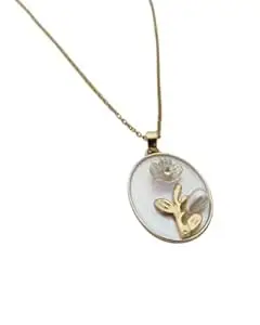 GAXRA Gold-Tone Oval Floral Pendant Necklace with Pearl Accent – Elegant Flower Charm Jewelry for Women