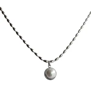 CRESCENT Pearl Pendant Necklace, Silver Toned Chain with Round Pearl Charm, Classic Women's Jewellery