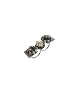 Oxidised Silver Brass Two- Finger Adjustable Ring With Ghungroo and Pearl for Women and Girl