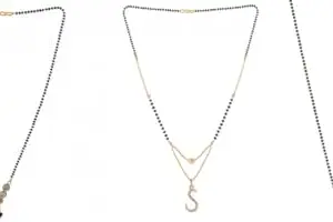 Gold Plated Traditional Black Bead Single Line American Diamond Pendant Jewellary set for Women(Combo) Pack of 3MCN-3-1-14-/