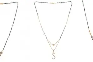 Gold Plated Traditional Black Bead Single Line American Diamond Pendant Jewellary set for Women(Combo) Pack of 3 MSCN-10-1-22- New