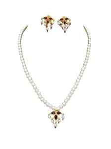 Traditional Pearl Necklace Set with American Diamond Ruby Pendant, 45cm Length, 36 White Cultured Pearls, Gold-Plated Copper