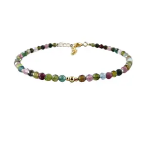 RRJEWELZ Watermelon Tourmaline Round Beaded Bracelet – Smooth 3mm Multicolor Stones with Gold Lock – 7 Inch Adjustable link Bracelet for Men & Women|LCBR_RR_06649