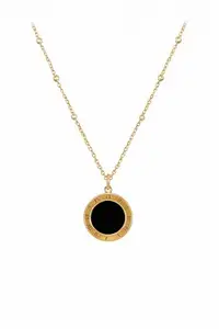 Gold Plated Stainless Steel Roman Numeral Pendant Necklace for Women – Black Enamel Circle Medallion Charm, Elegant Minimalist Jewellery