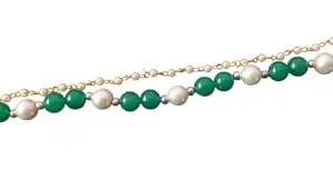 : Double-Layered green Bead and Pearl Bracelet with Pearl Chain