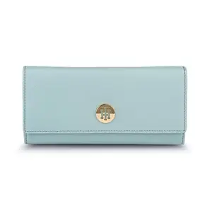 Tommy Hilfiger Roman Leather Flap Wallet Handbag For Women - Lt.Blue, 8 Card Slots