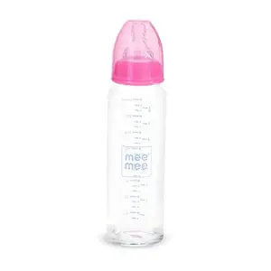 Mee Mee Premium Glass Feeding Bottle with Eazy-Flow Technology, Anti-Colic Valve,Anti Slip,BPA-free Baby Feeding Bottle For Babies & Toddlers(Pink, 240Ml)