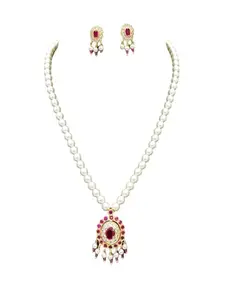 Traditional Pearl Necklace Set, White Cultured Pearls with American Diamond Ruby Pendant, Gold-Plated Copper, Wedding Jewellery