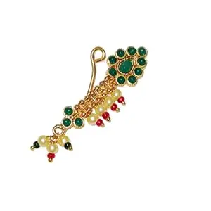 Maharashtrian Designer Green Golden Nath |pressing nath| without Piercing Nose Pin and Nath for Women & Girls(3.5 cm)