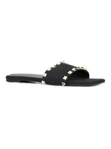 Inc.5 Womens Black Solid Square Toe Casual Flat Slip-on Sandals