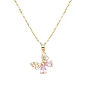 MILLER Butterfly Anti Tarnish Gold Plated Stylish Pink Zircon Neck Chain Pendant Jewelry, Stainless Steel Waterproof Aesthetic Necklace Set Jewellery Gift For Women & Girls